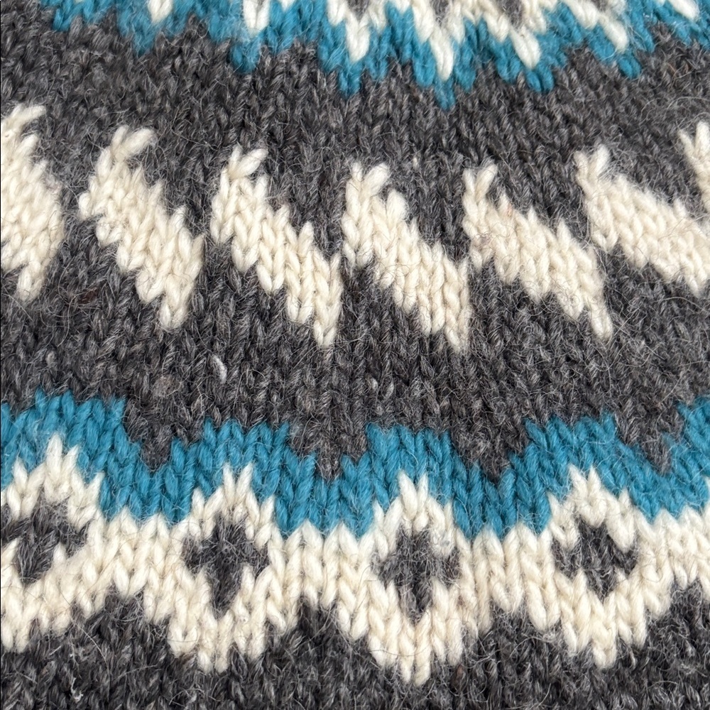 Handmade Icelandic/Lopapeysa Style Wool Sweater (Large) Grey Teal Chunky Knit - Picture 5 of 9